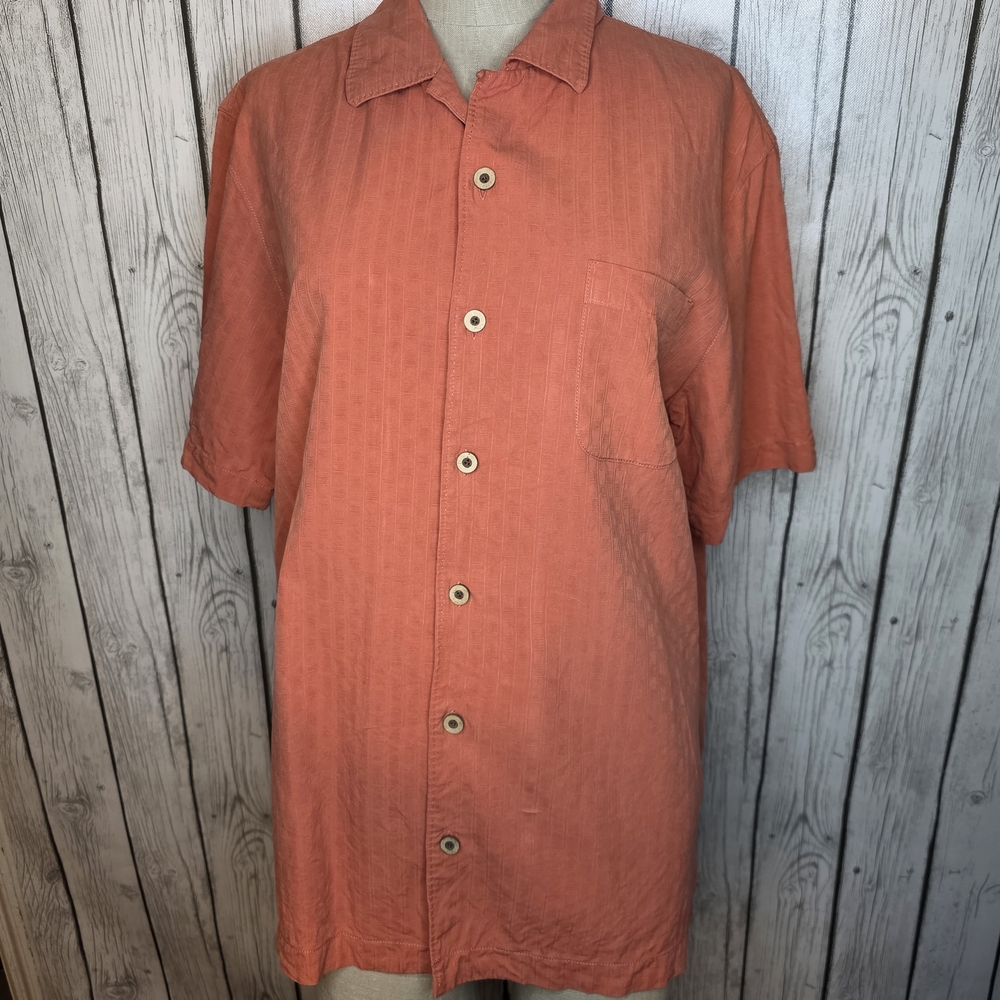 Tommy Bahama 100% Silk Orange Embroidered Pineapple Palm Tree Camp Shirt - M - Picture 3 of 13